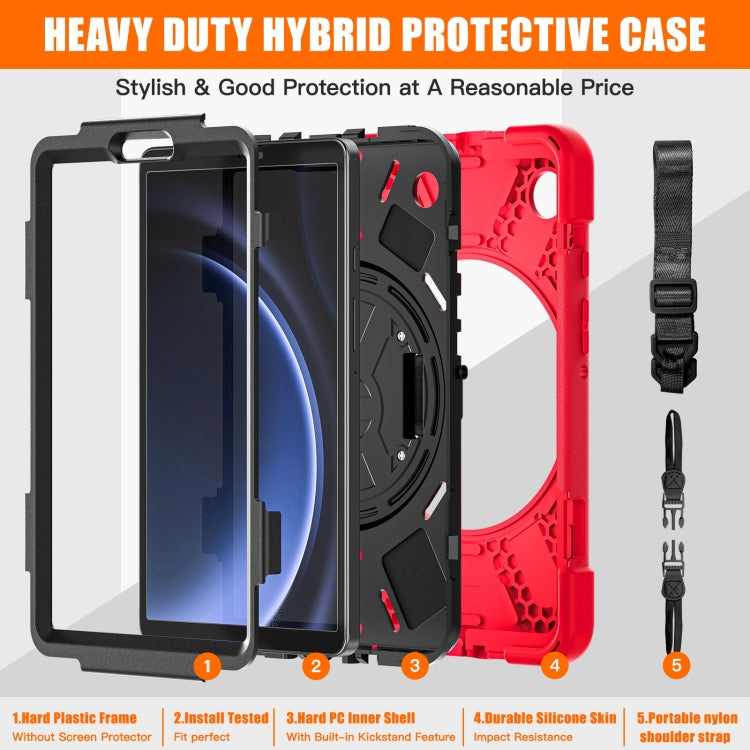 Samsung Galaxy Tab A9+ case featuring a rotary handle, pen slot, and shoulder strap, made from durable TPU and PC materials.